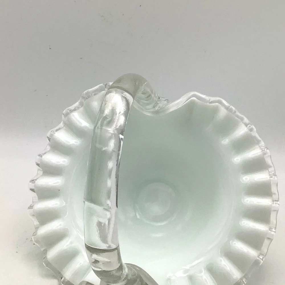 Vintage Fenton White Milk Glass Ruffled Edge Handled Basket
